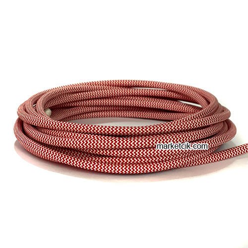 Marketcik 2x0,50mm Kırmızı Beyaz Renk Dekoratif Örgülü Kumaş Kablo, 5 Metrelik Paket