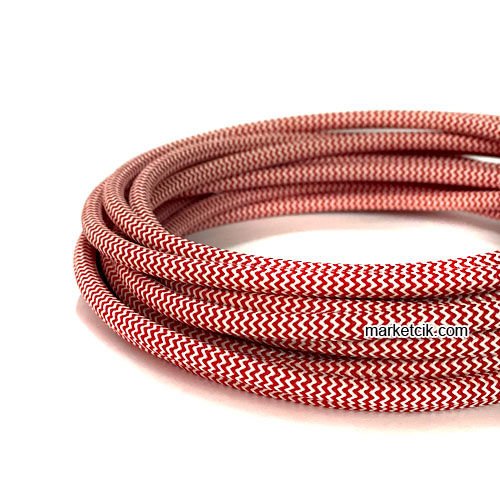 Marketcik 2x0,50mm Kırmızı Beyaz Renk Dekoratif Örgülü Kumaş Kablo, 5 Metrelik Paket