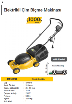 RTR Max Elektrikli Çim Biçme Makinası 1000 Watt