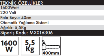 MAX EXTRA MX6306 Elektrikli Ağaç Kesme Motoru 40 cm Pala