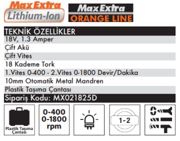 MAX EXTRA Mx1825D 18 Volt 1.3 Ah Çift Akülü Darbeli Matkap