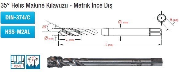 MAİER  35° Helis Makine Kılavuzu - Metrik İnce Diş (DIN-374/C) (HSS-M2AL)