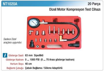 NT TOOLS NT1020A - Dizel Motor Kompresyon Test Kiti Cihazı 20 Parça