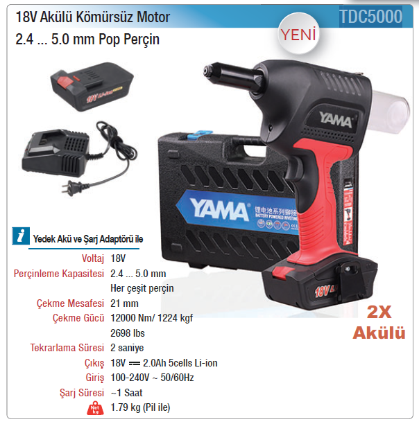 YAMA TDC5000 - 18 Volt Akülü Kömürsüz Motor Pop Perçin Tabancası Makinesi 2.4 - 5mm