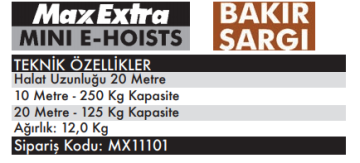 MAX EXTRA MX11101 - 125 / 250 Kg Elektrikli Vinç Yük Kaldırma Bakır Sargı