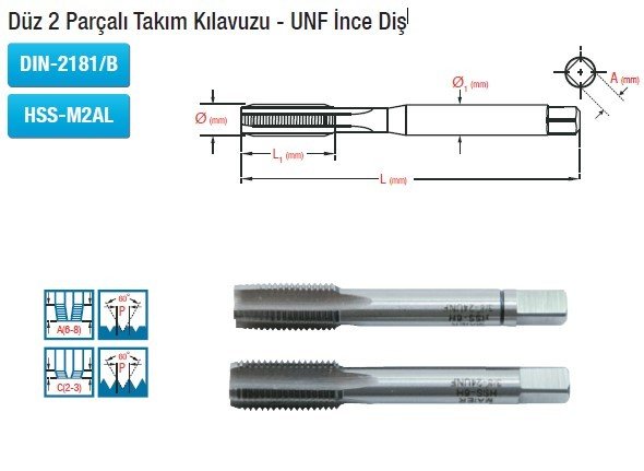 MAİER Düz 2 Parçalı Takım Kılavuzu - UNF İnce Diş (DIN-2181/B) (HSS-M2AL)