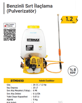 RTR Max Benzinli Sırt İlaçlama Pompası 25 Litre