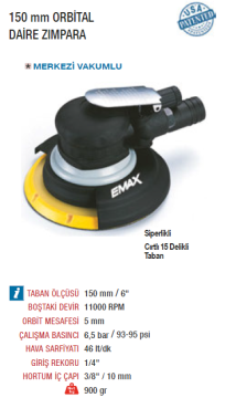 EMAX ET-2810 Havalı Daire Zımpara Tabancası Makinesi 150mm (6'') 11000 Devir Siperlikli