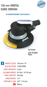 EMAX ET-2820 Havalı Daire Zımpara Tabancası Makinesi 150mm (6'') 11000 Devir Toz Torbalı