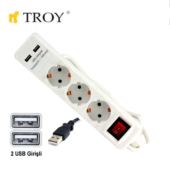 TROY USB Girişli Üçlü Grup Priz ve Uzatma Kablosu