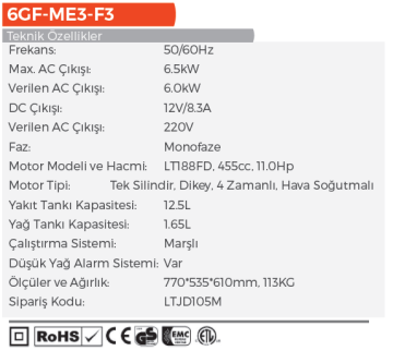 LUTİAN 6GFMEF4 Dizel Jeneratör 6.5 KW - 220 Volt