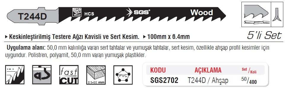 SGS 2702 (T244D) Dekupaj Ağzı Ahşap Kesme Ucu 100mm x 6.4mm (5 Adet Fiyatı))