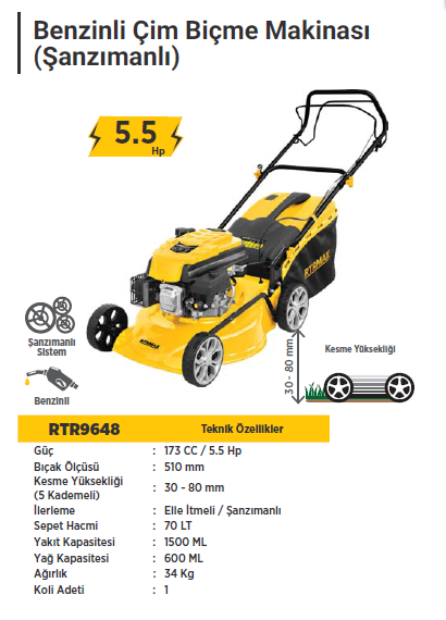 RTR MAX Benzinli Çim Biçme Makinası 173 cc / 5.5 hp