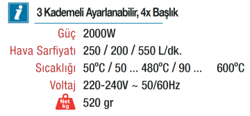 VIDO Ayarlanabilir Sıcak Hava Tabancası 2000 Watt (WD050142000)