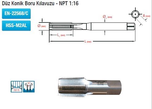 MAİER Düz Konik Boru Kılavuzu - NPT 1:16 (EN-22568/C) (HSS-M2AL)