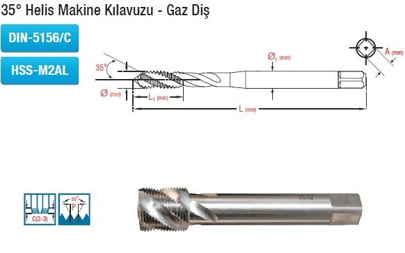 MAİER 35° Helis Makine Kılavuzu - Gaz Diş (DIN-5156/C) (HSS-M2AL)