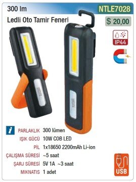 NT LIGHTS Mıknatıslı IP44 Ledli Oto Tamir Feneri 300 Lümen