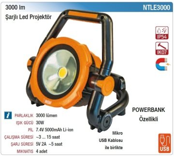 NT LIGHTS Şarjlı IP54 Led Projektör 3000 Lümen + Powerbank