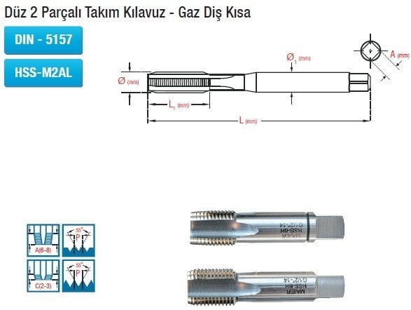 MAİER Düz 2 Parçalı Takım Kılavuz - Gaz Diş Kısa (DIN - 5157) (HSS-M2AL)