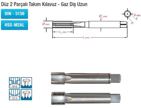 MAİER Düz Düz 2 Parçalı Takım Kılavuz - Gaz Diş Uzun (DIN - 5156) (HSS-M2AL)