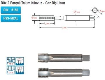 MAİER Düz Düz 2 Parçalı Takım Kılavuz - Gaz Diş Uzun (DIN - 5156) (HSS-M2AL)