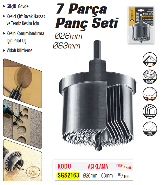 SGS Ahşap MDF Delme Panç Seti 7 Parça - Ø26mm - Ø63mm