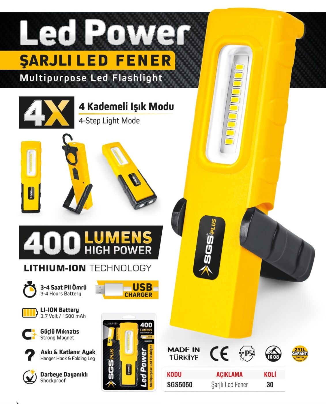 SGS 5050 Şarjlı Mıknatıslı Ledli Fener Tamirci Aydınlatma Lambası 400 Lümen USB Şarjlı 4 Kademeli