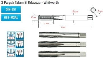 MAİER 3 Parçalı Takım El Kılavuzu - Whitworth (DIN-351) (HSS-M2AL)