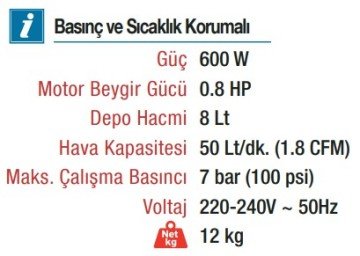 VIDO 8 Litre Yağsız ve Sessiz Hava Kompresörü (WD060210808)