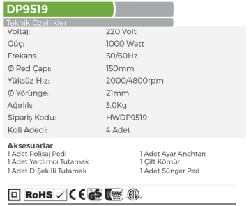 HAOWEI HWDP9519 Elektrikli Orbital Polisaj Makinası 150mm - 1000 Watt