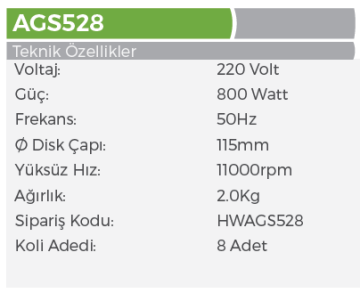 HAOWEI HWAGS528 Elektrikli Avuç İçi Taşlama 115mm - 800Watt