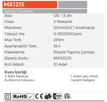 MAX EXTRA MX1215 Akülü Matkap Vidalama 12 Volt