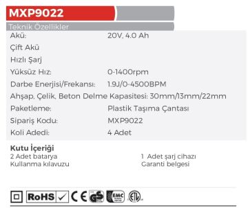 MAX EXTRA MXP9022 Akülü 20 Volt 3 Fonksiyonlu SDS Plus Kırıcı Delici Matkap