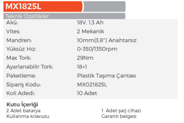 MAX EXTRA MX1825L Akülü Matkap Vidalama 18 Volt 1.3 Amper