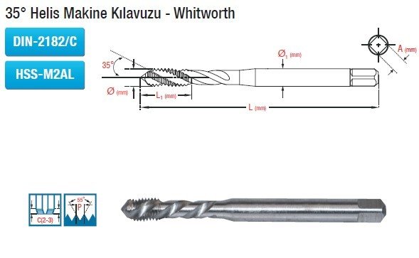 MAİER 35° Helis Makine Kılavuzu - Whitworth (DIN-2182/C) (HSS-M2AL)