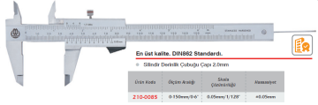 WERKA 0-150mm - 0.05mm Silindir Derinlik Çubuklu Standart Monoblok Kumpas