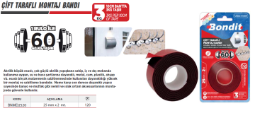 BONDİT Çift Taraflı Montaj Bantı (3 KG Taşır)- 25 mm x 2 Metre ( 120 Adet )