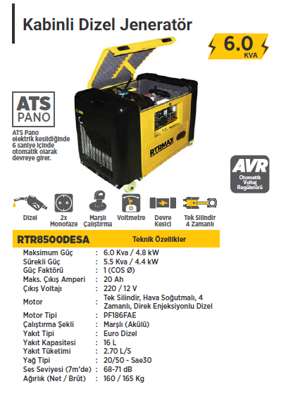 RTR MAX Kabinli Dizel Jeneratör 6.0 KVA / 220 Volt