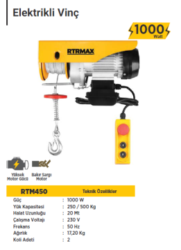 RTR Max Elektrikli Vinç 250 - 500 Kg / 1000 Watt