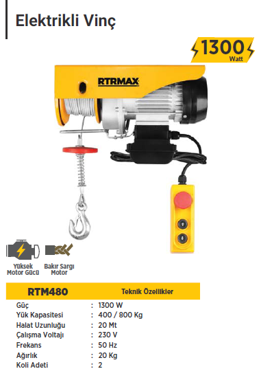 RTR Max Elektrikli Vinç Bakır Sargı 400 - 800 Kg / 1300 Watt