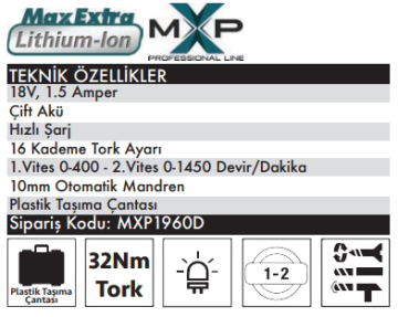 MAX EXTRA MXP1960D Akülü Darbeli Matkap Vidalama 18 Volt
