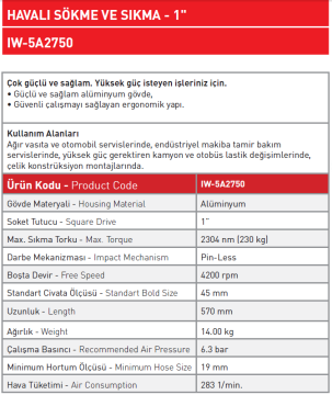 SAPPOWER 1'' Havalı Somun Sökme 2304 Nm (IW - 5A2750)