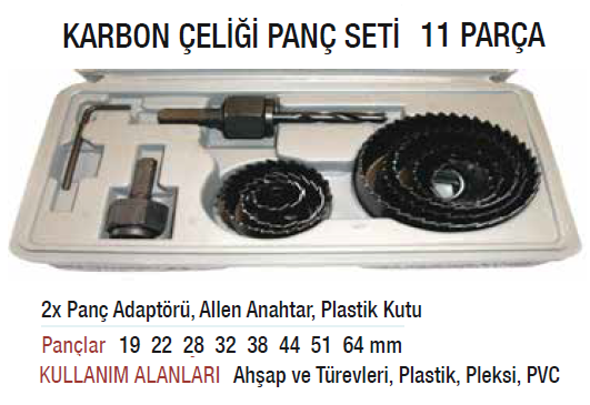 Karbon Çeliği Panç Seti 11 Parça Ahşap-Plastik-PVC Delici