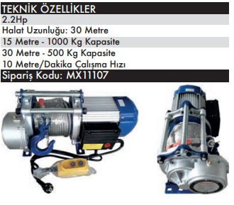 MAX EXTRA Elektrikli Pratik Vinç 500-1000 Kg 220 Volt 15-30 Metre (MX11107)