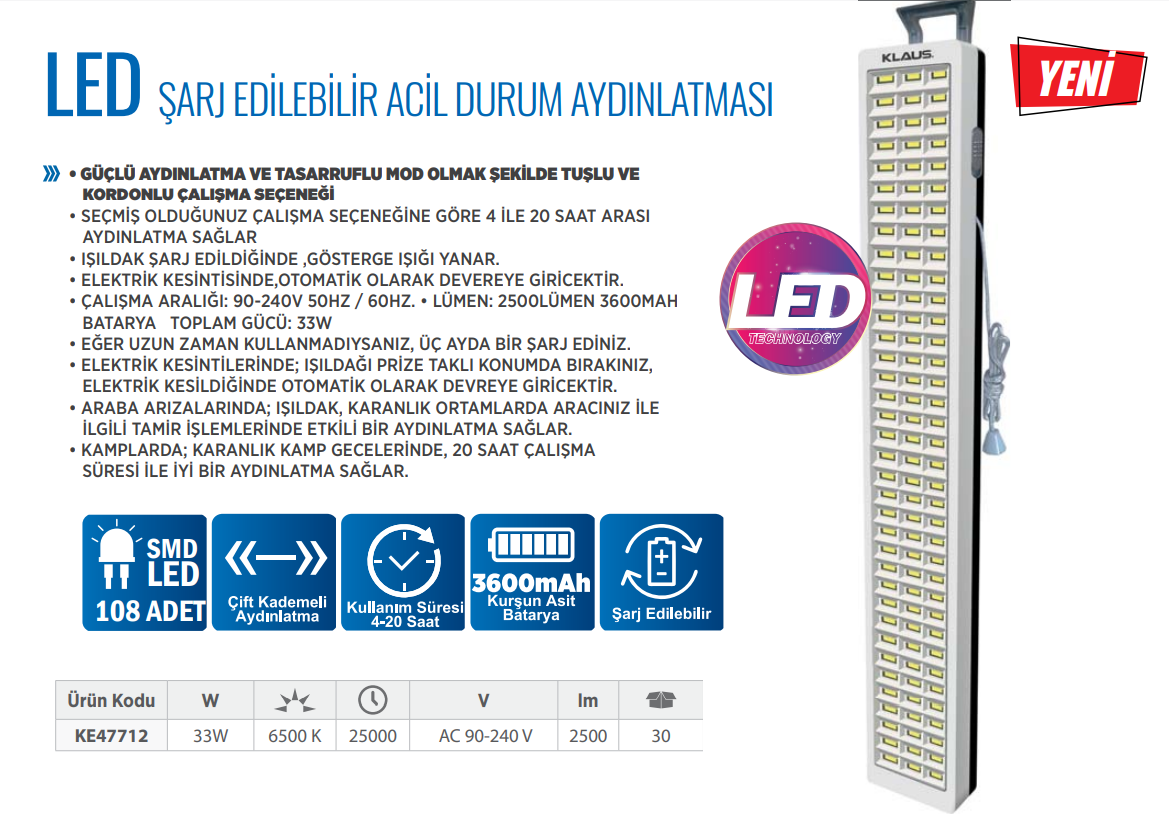 KLAUS Led Şarj Edilebilir Acil Durum Aydınlatması