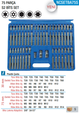 NT TOOLS NCSETBA75S - S2 Bits Uç Seti Takımı 75 Parça