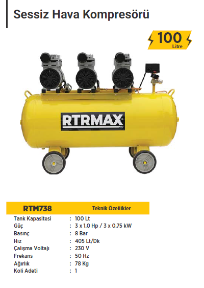 RTR Max Sessiz Hava Kompresörü (100 Litre)