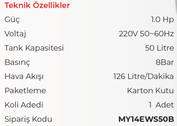 MY TOL EWS50B Sessiz Hava Kompresörü 50 Litre 1 HP