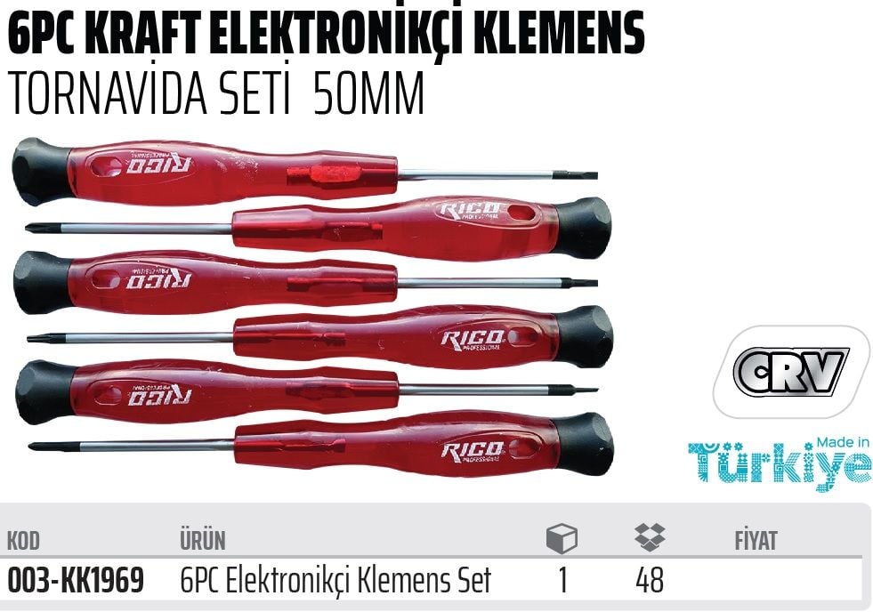 Rico Kraft Elektronikçi Klemens Tornavida Seti 6 Parça 50 mm