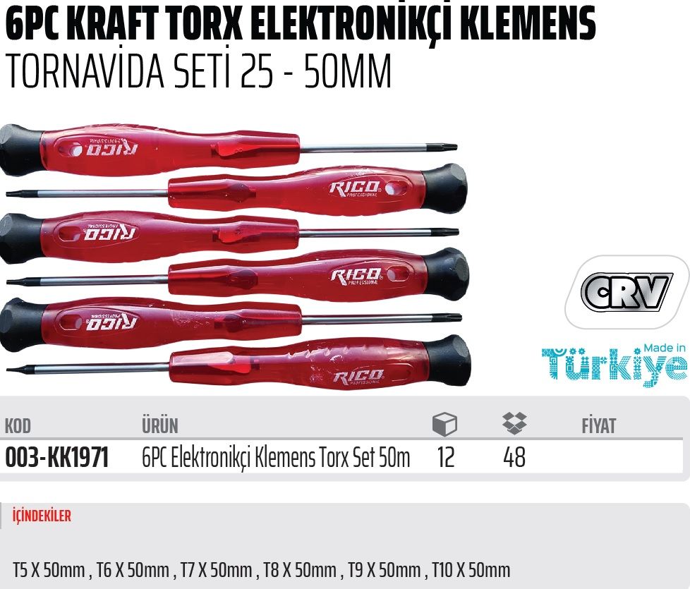 Rico Kraft Torx Elektronikçi Klemens Tornavida Seti 6 Parça 50 mm (003-KK1971)